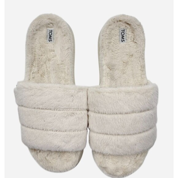 TOMS Faux Fur Quilted Slide Slippers Ivory Cozy Indoor Glam House Shoes 11 - Picture 2 of 9